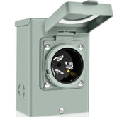 PAULINN 50 amp generator inlet box exterior shows weatherproof steel enclosure for outdoor use