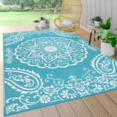 Pauwer 5x8 outdoor rug in teal, showing reversible floral design for quick patio refresh.