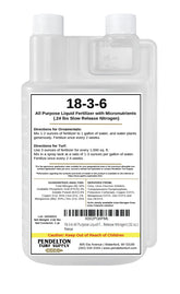 Pendelton Turf Supply 18-3-6 bottle front shows steady nutrients and easy application.