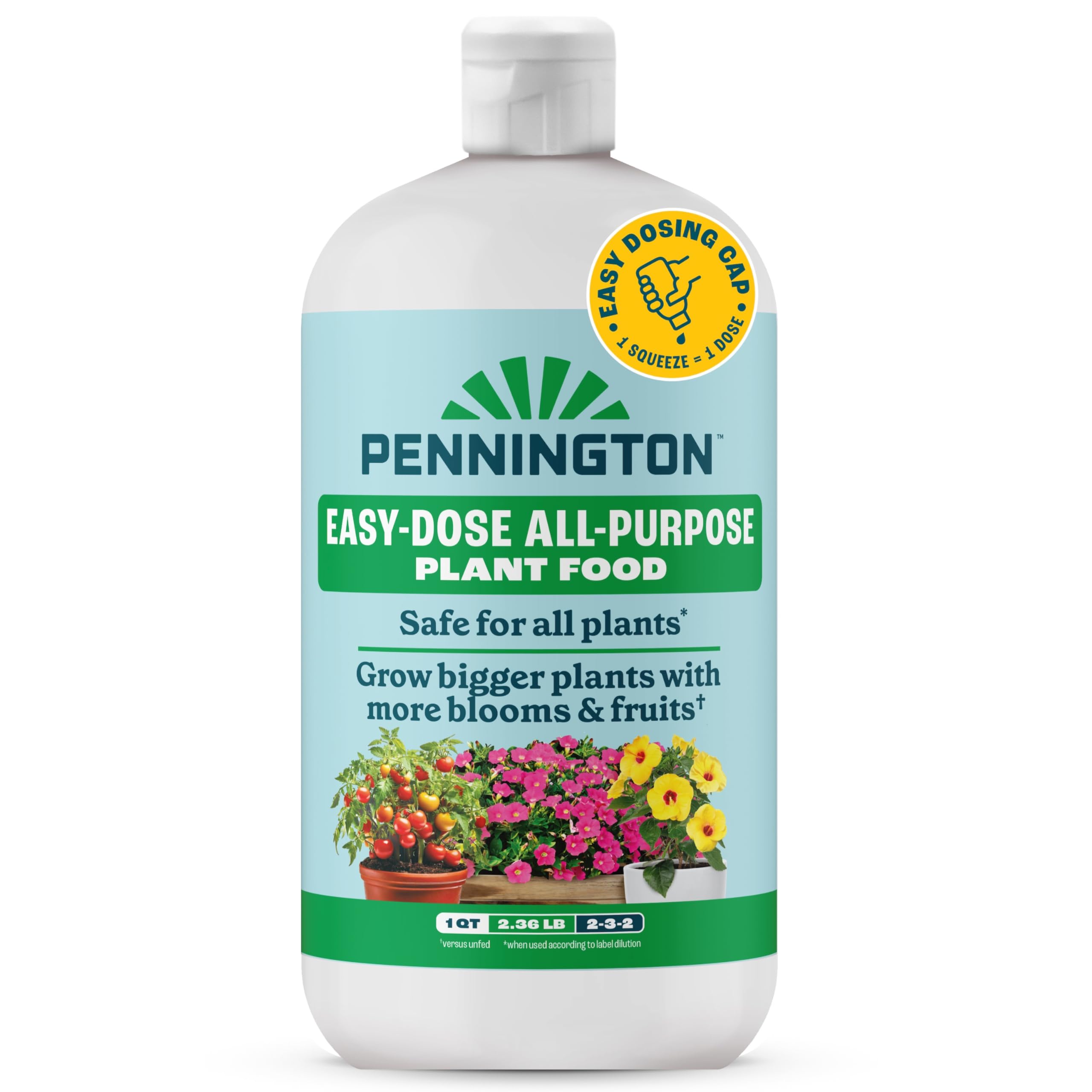 Pennington Easy-Dose plant food bottle close-up promoting indoor plant growth.