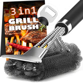 PePeng grill brush with 18-inch handle removes tough residue without scratching surfaces.