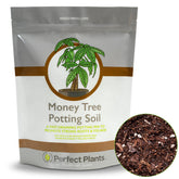 Perfect Plants Money Tree Potting Soil pour bag shows a moisture-controlled coir mix.