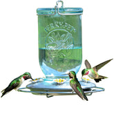 Perky-Pet blue glass mason jar feeder attracts hummingbirds to gardens.