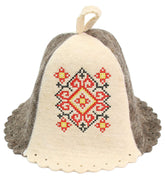 PetriStor wool sauna hat with Ukrainian Vyshyvanka ornament for stylish sauna sessions.