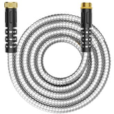 PETSWI 10ft metal garden hose with stainless steel coil for durable outdoor use.