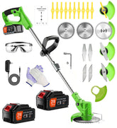 PFYELYI cordless weed wacker with dual batteries powers uninterrupted trimming.