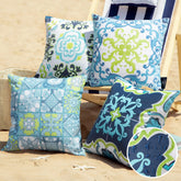 Phantoscope outdoor pillow cover with geometric tile pattern in blue and green for patio decor