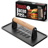 Pisol bacon press with wood handle for even cooking on bacon