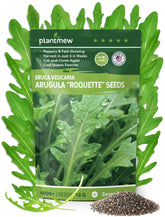 PlantMEW Arugula seeds packaging close-up, highlighting heirloom quality and quick harvest potential.