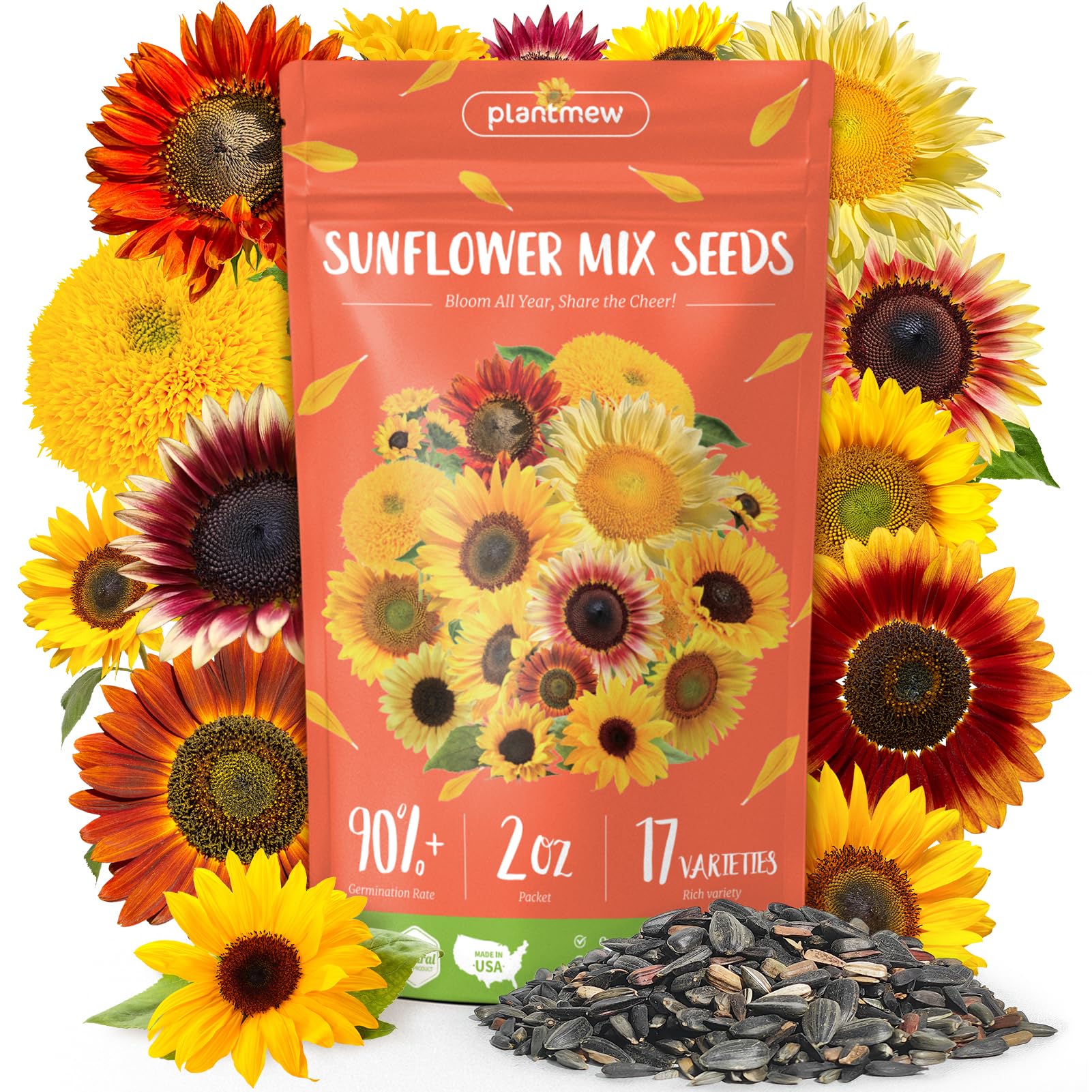 PlantMeW sunflower mix packaging showcases 17+ heirloom varieties for diverse color.