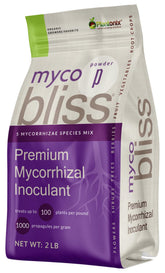 Plantonix Myco Bliss Powder front label shows a five-strain formula for healthier roots.