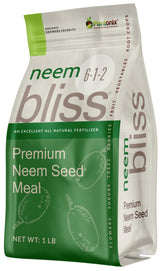 Plantonix Neem Bliss 1lb bag shows organic fertilizer for steady soil nutrition