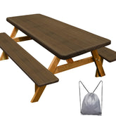 Play Tailor picnic table cover on a 72-inch table in dark brown, protecting surfaces during outdoor meals.