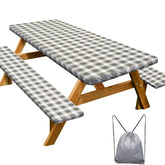 Play Tailor picnic table cover protects a 72x30 rectangle table from spills with gray and white styling