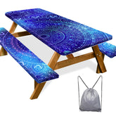 Play Tailor picnic table cover protecting a 72x30 table with a blue-purple color