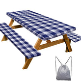 Play Tailor picnic table cover in blue checkered fabric, waterproof for outdoor meals.