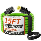 PlugSaf 15ft 30A generator cord for reliable outdoor power transfer.