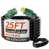 PlugSaf 25ft 30A generator extension cord suitable for outdoor setups with ample reach