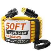 PlugSaf 50ft generator cord with L14-30P/L14-30R twist lock for secure outdoor connections.