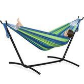 PNAEUT double hammock with stand outdoors in blue for backyard lounging