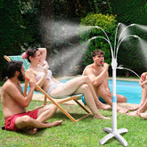 Pocket Panda standing misting system base on patio provides refreshing cooling.