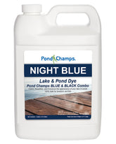 Pond Champs Night Blue dye bottle pours into water for a vibrant color boost.