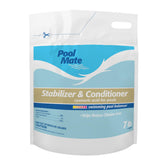 Pool Mate stabilizer bottle helps maintain chlorine effectiveness for outdoor pools.