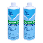 Pool Mate algaecide 1qt bottle being poured to prevent algae growth in outdoor pools