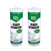 Pool Mate black algaecide bottle pour for fast algae control in pools.
