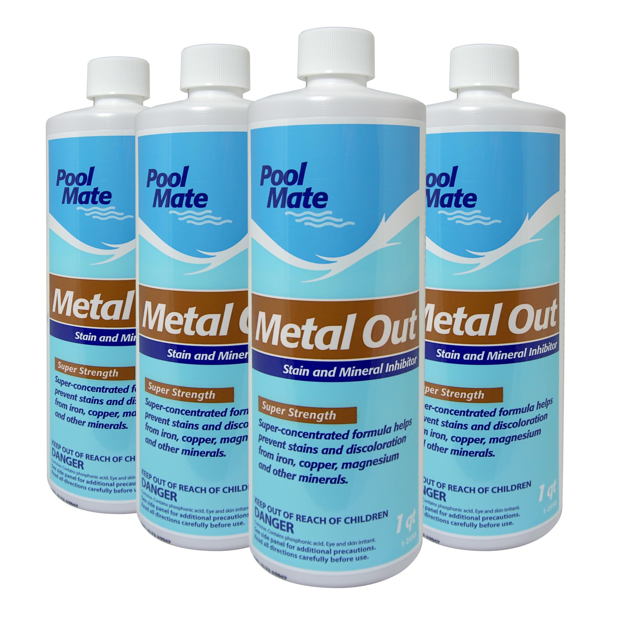 Pool Mate metal-out bottle label demonstrating metal sequestrant for clear water.