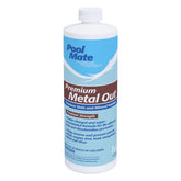 Pool Mate premium metal out stain remover bottle shown for water clarity