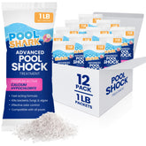 Pool Shark 68% calcium hypochlorite pool shock in 12-pack bags for rapid action.