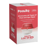 PoolRx+ red and white unit packaging shows trusted algaecide for up to 6 months.