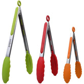 POPCO 7-inch tongs with silicone tips for precise flipping without scratching.