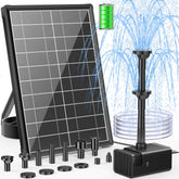 POPOSOAP 8W solar panel powering a bird bath fountain in bright sun