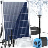 Poposoap solar fountain pump 12W powering an outdoor water feature