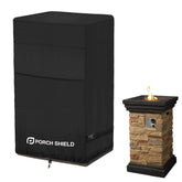 Porch Shield fire-column cover protects a 21-inch square fire pit from rain.