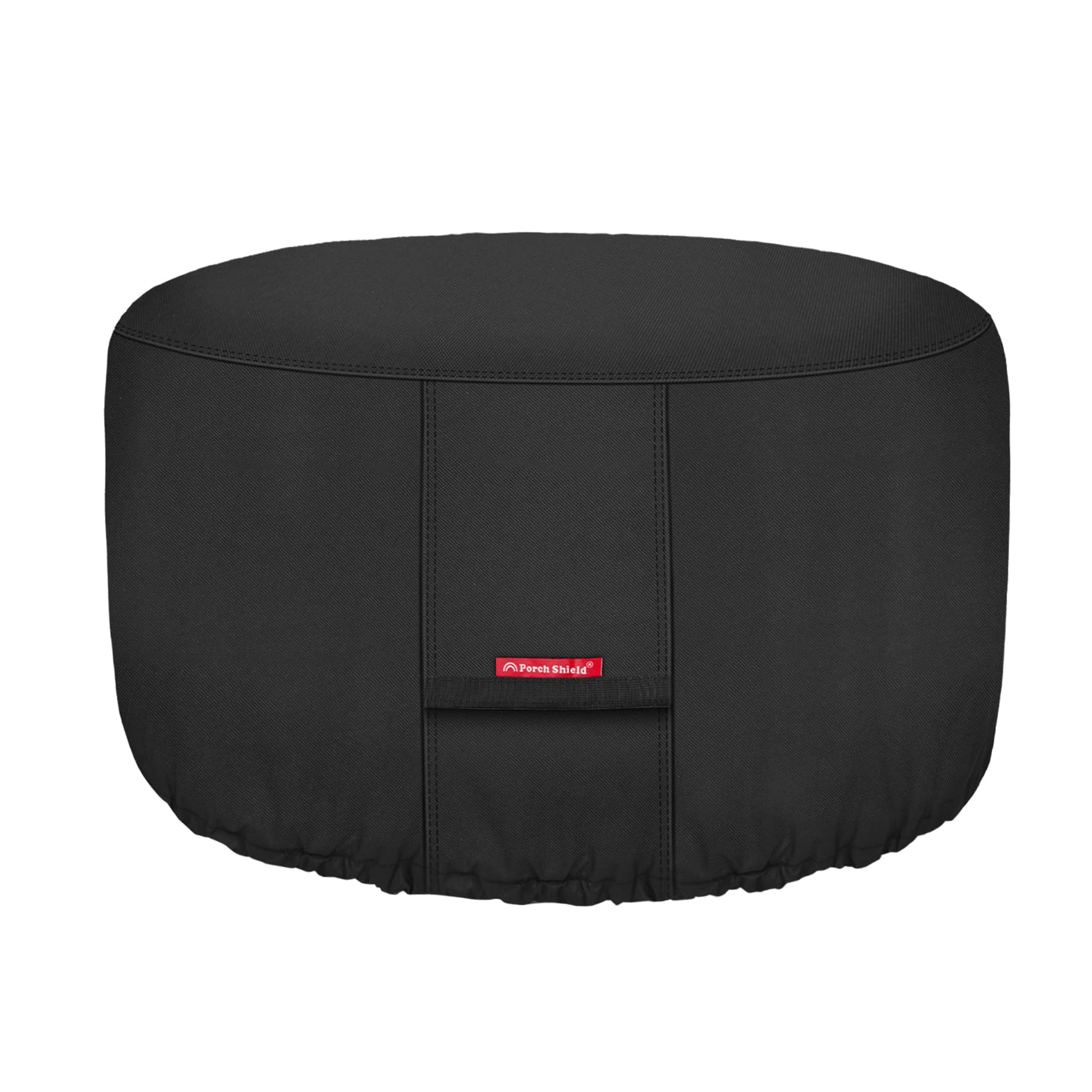 Porch Shield fire pit cover over a 44-inch round pit protecting from rain and sun