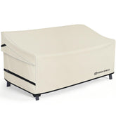 Porch Shield waterproof outdoor sofa cover protects beige 3-seater from rain and sun.
