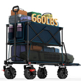 Portal collapsible double-decker wagon with brakes for stable all-terrain hauling.