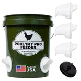 Poultry Pro Feeder 3-port setup demonstrating gravity-fed reliability and reduced feed spillage.