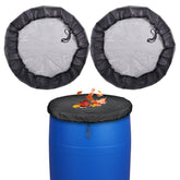 Poweka 39-inch rain barrel mesh cover with drawstring in action for debris-free water