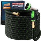 PowerFlow garden hose 50ft black, durable stainless steel core.