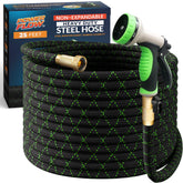 PowerFlow garden hose with a stainless steel core for durable outdoor use.