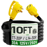 POWGRN 10 ft RV power cord TT-30P to L14-30R in-use setup for generators