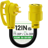 POWGRN 30A TT-30 to L14-30 adapter for outdoor RV power connections.