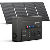 Powkey 200W solar generator unit powering devices on a campsite.