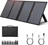 Powkey foldable 60W solar panel front view powering devices outdoors.