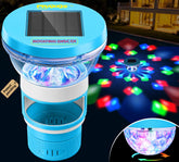 PRAXXIS solar chlorine floater with disco light brightens pool parties with solar power.