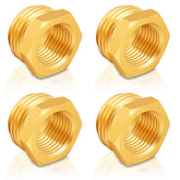 Pretwad brass hose adapter 4-pack connects 3/4 GHT to 1/2 NPT for garden use.